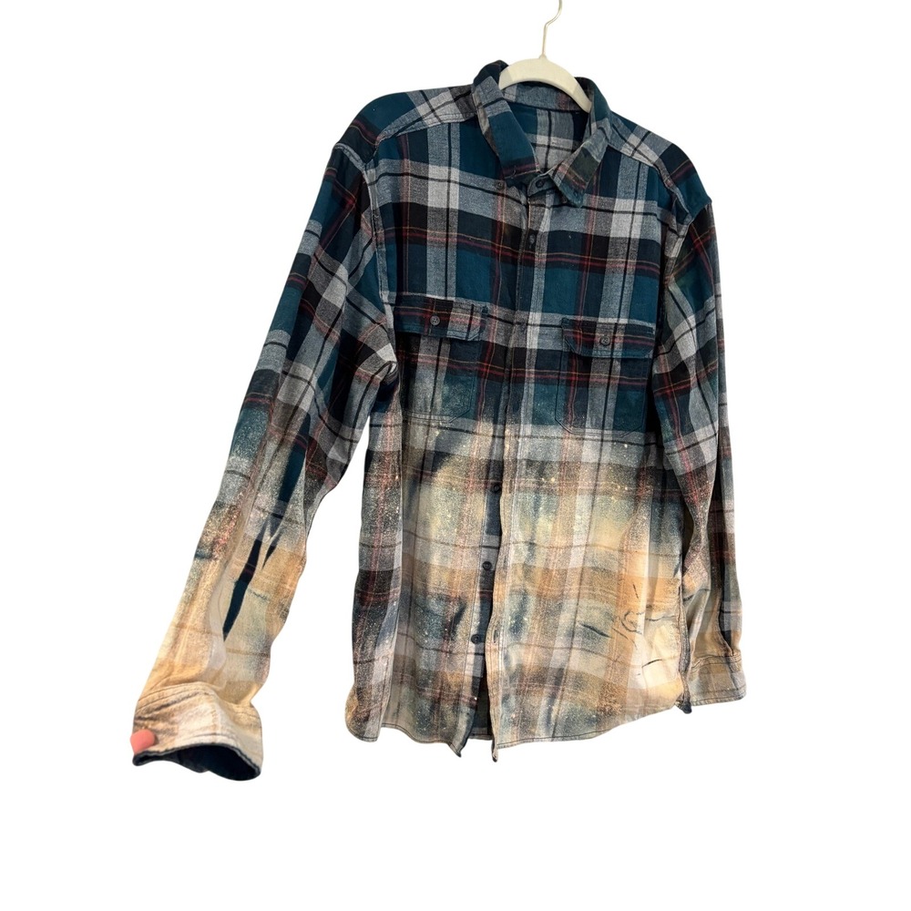 Flannel Shirt George Teal Plaid Custom Bleached Dip Dye Grunge Distressed - Picture 4 of 6